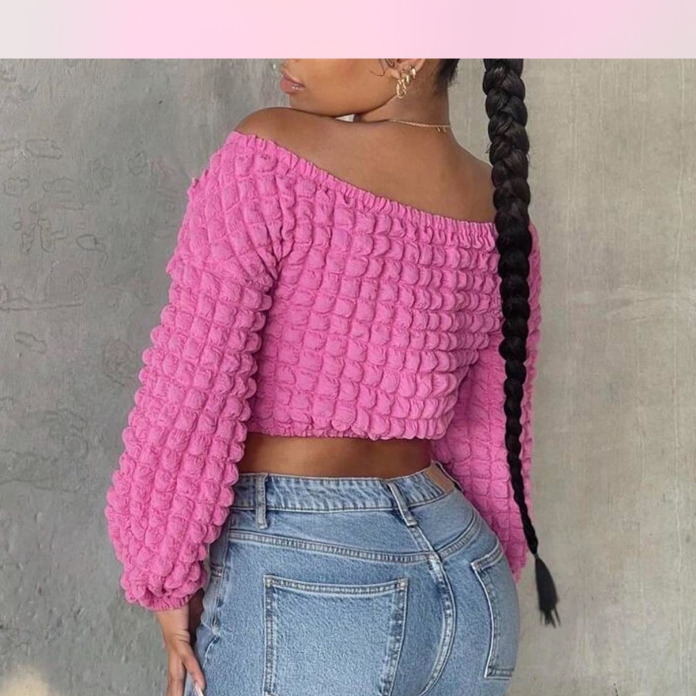 Pink Off-Shoulder Textured Women's Top - Picture 2 of 2